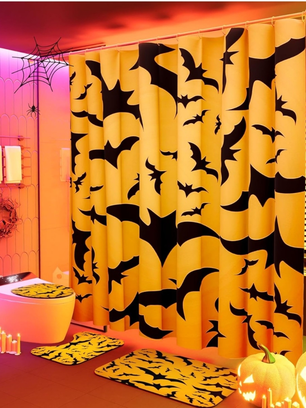 Amazon Halloween Bat Shower Curtain and Bath Mat Set - Black on Yellow
